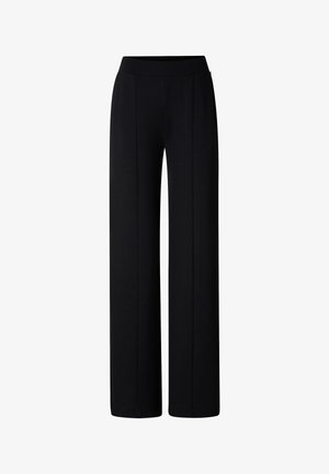 Zwarte broek met wijde pijpen, een hoge taille en voorvouwen, voorzien van een gladde tailleband zonder zichtbare sluitingen of zakken.