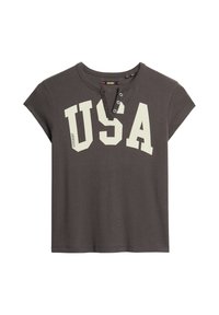 Grå kortærmet t-shirt lavet af bomuld, med rund hals, tre-knap lukning og stort hvidt "USA" tryk over forsiden.