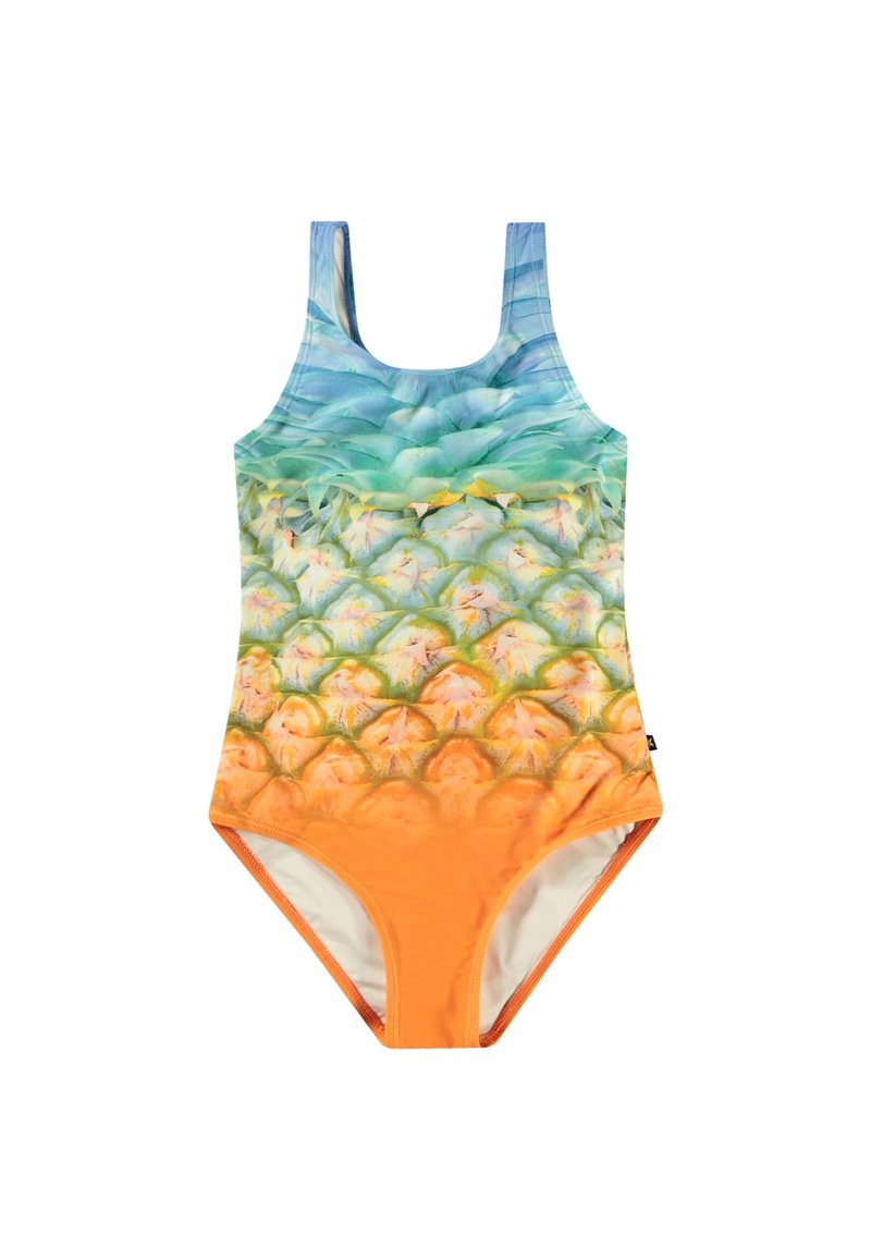 Maillot de bain une pièce avec un motif de ananas dégradé en vert, jaune et orange. Tissu lisse avec des bretelles larges et un décolleté arrondi.