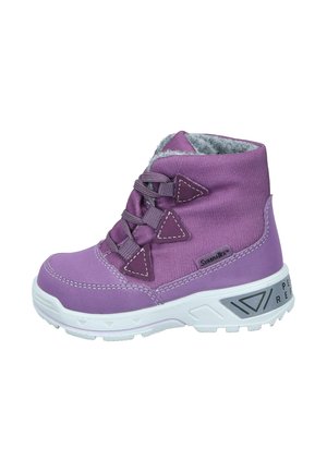 Purple ankle boots with a textured fabric upper, gray fleece lining, and white rubber sole featuring a triangular design on the side.