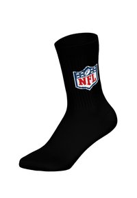 Schwarz-gestreifte Crew-Socke aus geripptem Material, mit einem auffälligen NFL-Logo in Blau, Rot und Weiß an der Seite. Glatte Textur, standard Form.