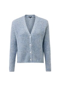 Błękitny sweter z dzianiny z dekoltem w serek, długimi rękawami, zapięciem na guziki oraz teksturowanym wzorem.