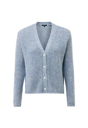 Błękitny sweter z dzianiny z dekoltem w serek, długimi rękawami, zapięciem na guziki oraz teksturowanym wzorem.