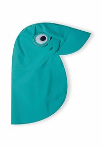 Chapeau de soleil turquoise en forme de tête d'oiseau avec un grand détail d'œil bleu, fabriqué en tissu léger, avec un bord incurvé.