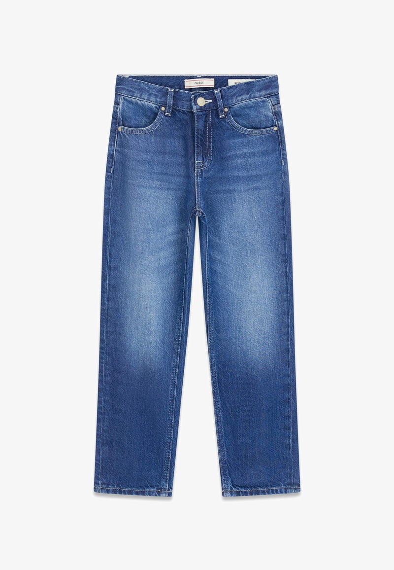 Jean en denim bleu à jambes droites avec poches avant, passants pour ceinture, fermeture par bouton, et léger effet délavé sur les cuisses.