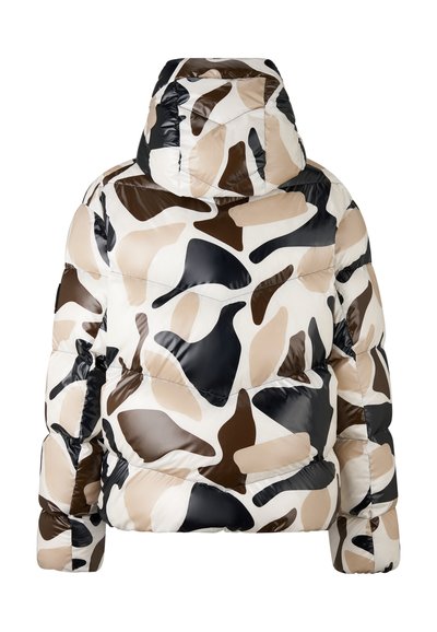 Pufferjack, gewatteerd, glanzend materiaal, camouflagepatroon in beige, bruin en zwart, met een capuchon en elastische manchetten.