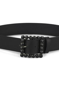 Cinturón de cuero negro con una hebilla cuadrada decorada con piedras de strass negras, elaborado con un acabado suave y un cierre de espiga estándar.
