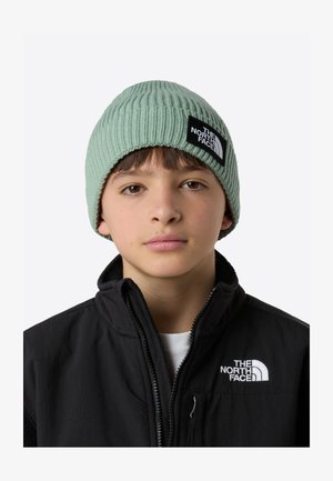 Gorro de punto color verde claro con costillas, con un parche de logo negro, llevado por un niño. El niño lleva una chaqueta negra con cremallera y un logotipo blanco.