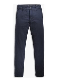 Námořnické modré chino kalhoty vyrobené z bavlny. Mají zapínání na knoflík, přední kapsy a rovný střih nohavic. Hladká textura, ležérní styl.
