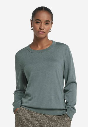 Hellgrüner Langarmpullover mit rundem Ausschnitt, aus weichem Material. Mit gerippten Bündchen und Saum, kombiniert mit gemusterten Hosen.