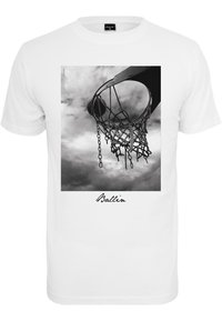 White cotton T-shirt featuring a black-and-white graphic of a basketball hoop and ball, with "Ballin" text in a cursive font below.