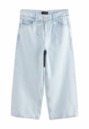 Světle modré denimové kalhoty culottes s širokým střihem, předními kapsami, elastickým pasem a šňůrkou pro nastavitelnou velikost.