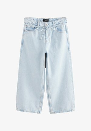 Light blue denim culottes with a wide-leg design, front pockets, elastic waistband, and drawstring detail for adjustable fit.