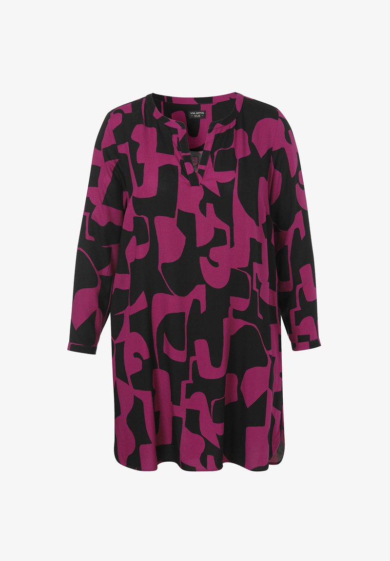 Black tunic with irregular purple abstract patterns, featuring a V-neckline and three-quarter sleeves. Soft, lightweight fabric.