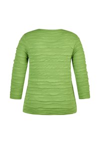 Grünes Longsleeve-Oberteil für Frauen mit strukturierten, horizontalen wellenförmigen Rippungen und rundem Ausschnitt, von hinten gezeigt.