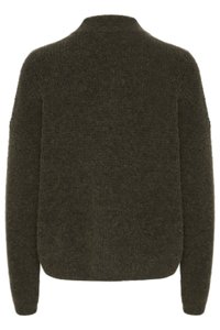 Dark green knit sweater with a high neck, dropped shoulders, and a relaxed fit. Soft, textured fabric, featuring a slight asymmetrical hem.