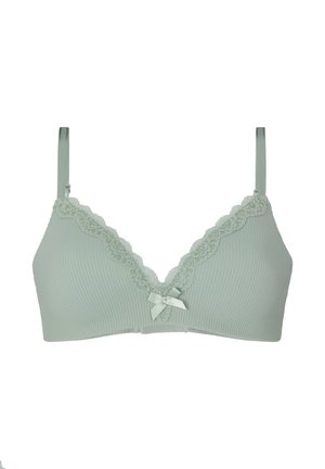 Soutien-gorge en tissu côtelé vert clair avec bordure en dentelle le long des bords supérieurs et un petit nœud décoratif au centre devant.