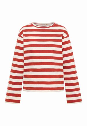 Tricou cu mânecă lungă și decolteu rotund, cu dungi orizontale roșii și albe, așezat plat pe un fundal alb.