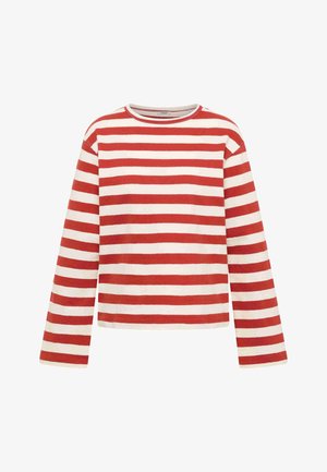 Tricou cu mânecă lungă și decolteu rotund, cu dungi orizontale roșii și albe, așezat plat pe un fundal alb.