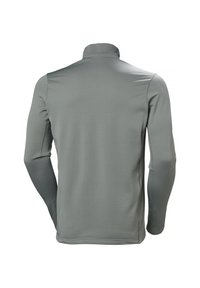 Camisa de manga larga gris con una tela texturizada, cuello alto y mangas ajustadas. Presenta costuras planas en los hombros y los laterales.