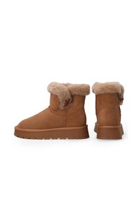 Hnědé nubukové kotníkové boty s nadýchanou ovčí vlnou uvnitř, detail s knoflíkovým páskem a silné gumové podrážky, zobrazené z bočního a zadního pohledu.