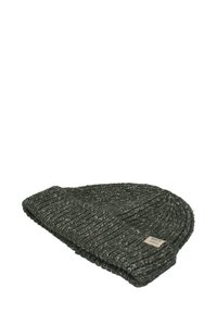 Beanie in grigio scuro lavorato a maglia con orlo ripiegato e una piccola etichetta di tessuto rettangolare con la scritta "BARTS AMSTERDAM."