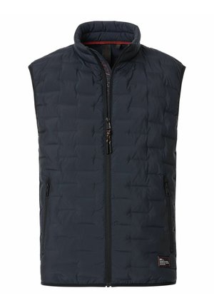 Padded vest in dark navy fabric, featuring a high collar, full front zipper, and two side zippered pockets for storage.
