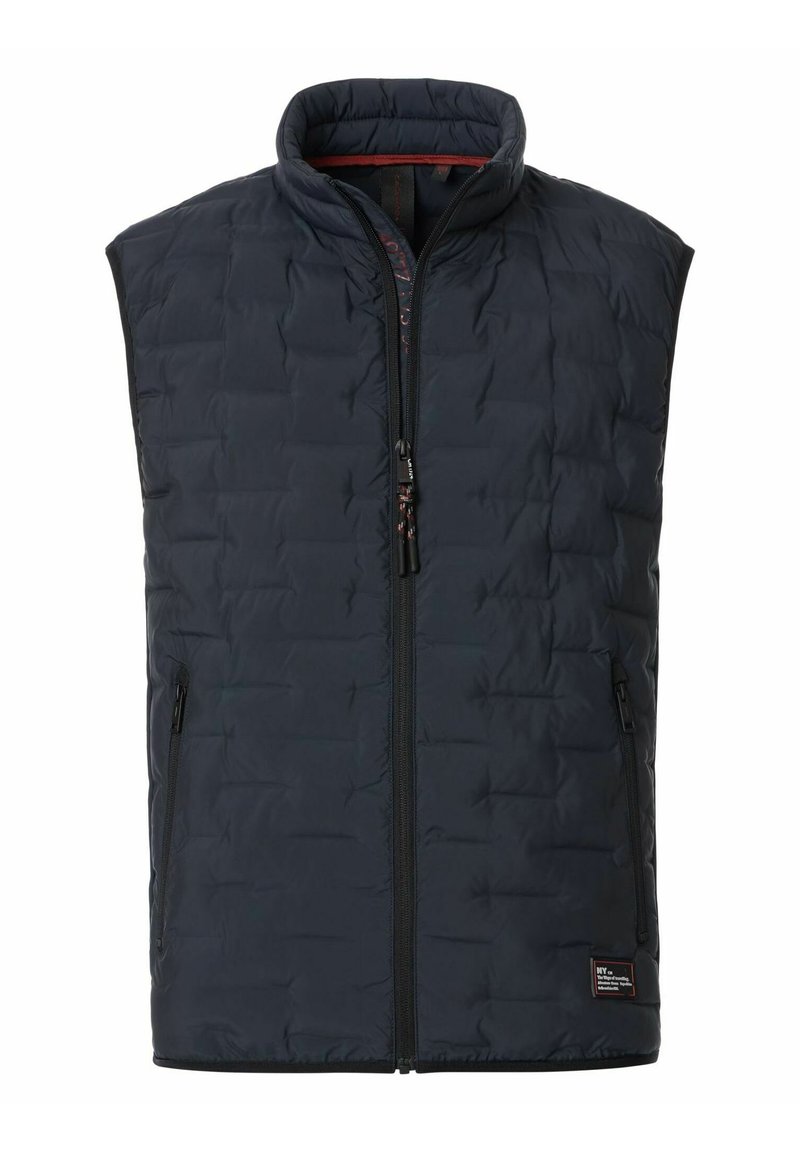 Gepolsterte Weste aus dunkelblauem Stoff, mit hohem Kragen, durchgehendem Reißverschluss vorne und zwei seitlichen Reißverschlusstaschen zur Aufbewahrung.