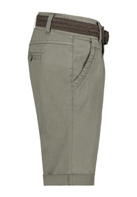 Olive green shorts made of lightweight fabric, featuring a braided brown belt, side pockets, and folded cuffs for a refined look.