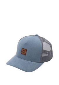 Blue corduroy cap with a gray mesh back, featuring a square brown leather logo patch on the front and a curved brim.