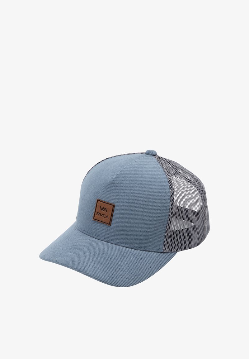 Blue corduroy cap with a gray mesh back, featuring a square brown leather logo patch on the front and a curved brim.