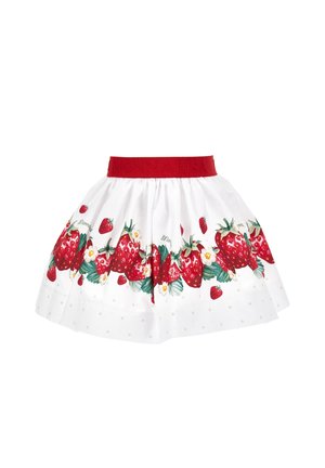 Jupe blanche avec une ceinture rouge et un imprimé bordure de grosses fraises rouges, de feuilles vertes et de petites fleurs blanches.