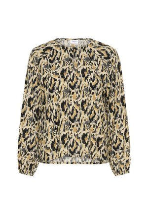 Bluza s leopard uzorkom u bež, crnoj i smeđoj boji; dugi rukavi, blago skupljeni vratni izrez i elastični manšeti; lagana, teksturirana tkanina.