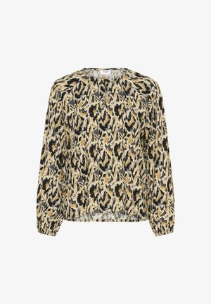 Leopard print blouse in beige, black, and brown; long sleeves, slightly gathered neckline, and elastic cuffs; lightweight, textured fabric.