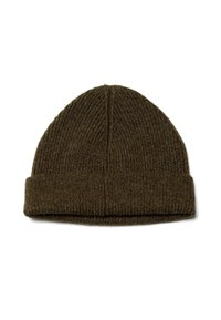 Berretto lavorato a maglia verde oliva con una texture a coste e orlo piegato. Parte superiore a forma di cono con un design senza cuciture, adatto per un look casual.