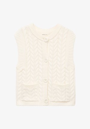 Cardigan smanicato color crema con lavorazione a trecce, scollo rotondo, bottoni frontali e due piccole tasche anteriori.