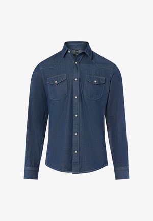 Granatowa, długosleeve'owa koszula z denimu z wyraźnym kołnierzykiem, dwoma kieszeniami na piersi z klapami oraz zapięciem na napy. Prosty i klasyczny wzór.