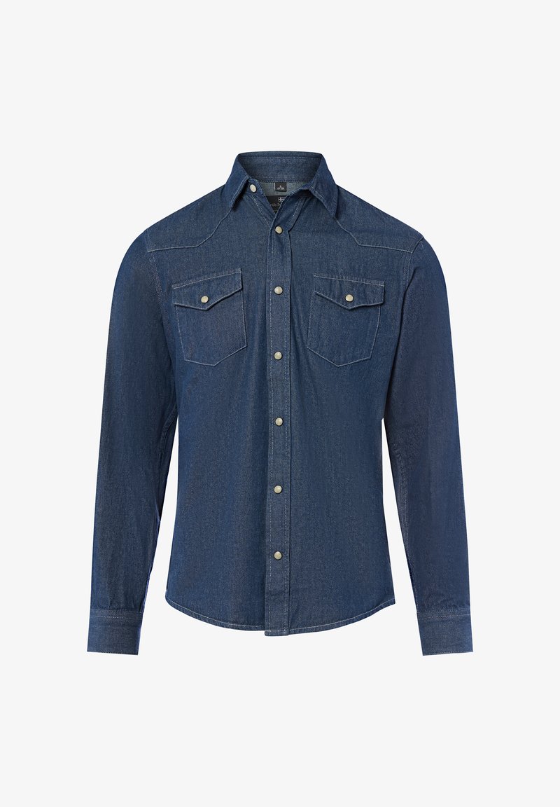 Camicia in denim blu scuro a maniche lunghe con colletto a punta, due tasche sul petto con pattine e chiusura a bottoni a pressione. Design semplice e classico.