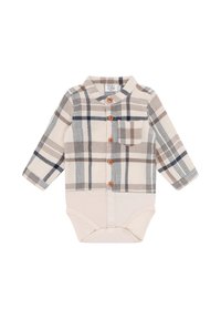 Body in flanella con maniche lunghe, base beige e motivo a quadri blu-marrone, con bottoni in legno e tasca anteriore.