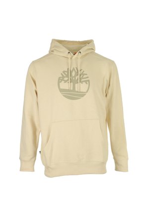 Felpa beige con cappuccio regolabile, tasca anteriore e un grande logo di un albero grigio sul petto. Presenta polsini e orlo a coste. Materiale morbido.