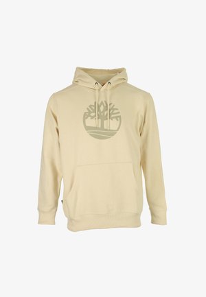 Felpa beige con cappuccio regolabile, tasca anteriore e un grande logo di un albero grigio sul petto. Presenta polsini e orlo a coste. Materiale morbido.