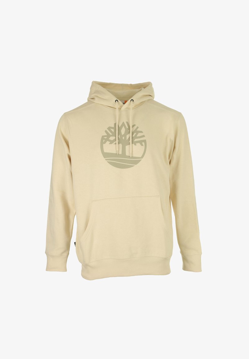 Felpa beige con cappuccio regolabile, tasca anteriore e un grande logo di un albero grigio sul petto. Presenta polsini e orlo a coste. Materiale morbido.