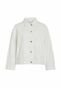 Vit denimjacka med avslappnad passform, knäppning framtill, skjortkrage och två framfickor. Har synlig sömnad och silverfärgade detaljer.