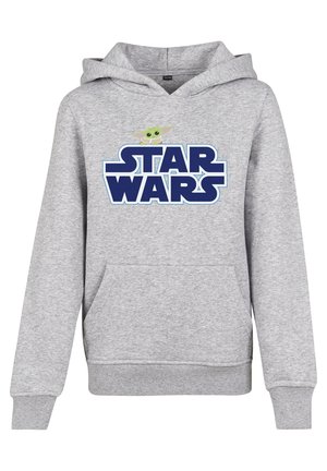 Hoodie gris clair avec poche avant, présentant le texte bleu "Star Wars" et un petit graphique de Baby Yoda vert au-dessus des lettres.