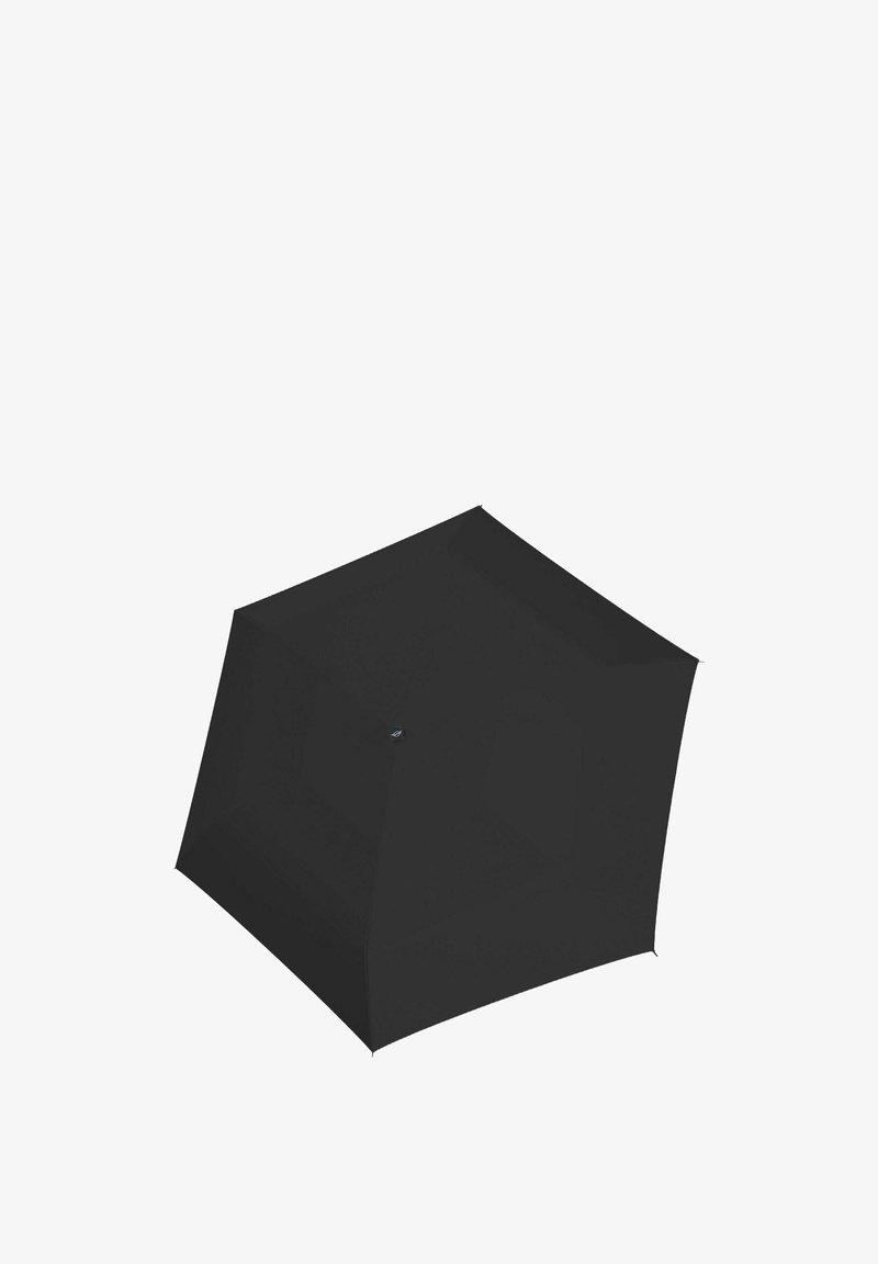 Zwarte, hexagonale paraplu met een gladde textuur. Eenvoudig ontwerp met een centrale rib en minimale details. Geschikt voor bescherming tegen de regen.