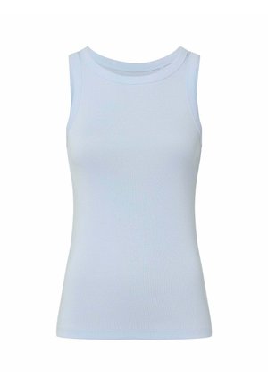 Hellblaues ärmelloses Tanktop aus glattem Stoff. Verfügt über einen runden Ausschnitt und ein figurbetontes Design mit sauberen Kanten.