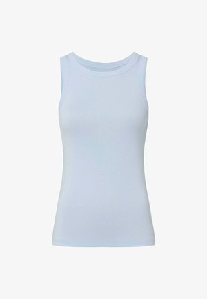 Hellblaues ärmelloses Tanktop aus glattem Stoff. Verfügt über einen runden Ausschnitt und ein figurbetontes Design mit sauberen Kanten.