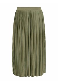 Gonna midi plissettata in verde oliva, tessuto leggero, vita elasticizzata e superficie texturizzata con pieghe verticali in tutto il capo.
