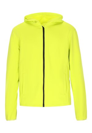Giacca con cappuccio giallo brillante con maniche lunghe, cerniera nera frontale e due tasche laterali.