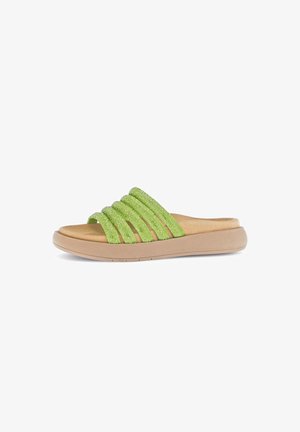 Green slide sandal with textured straps, cushioned insole, and a tan rubber sole. Features multiple fabric strips for breathability.